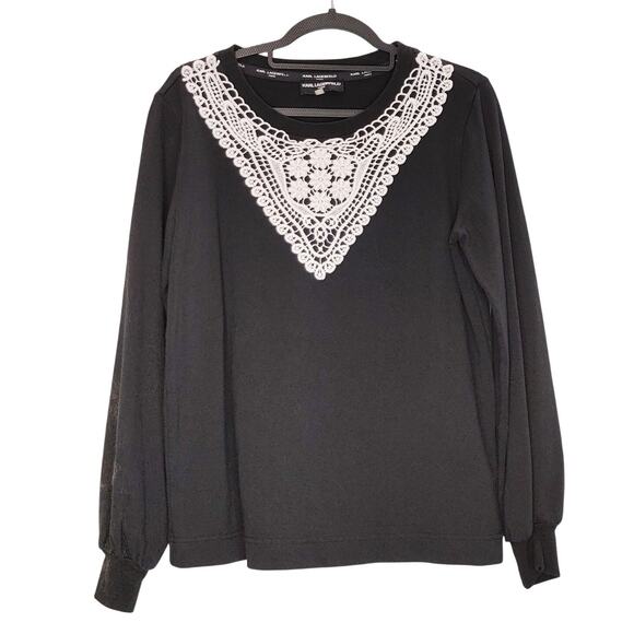Karl Lagerfeld Sweater Blouse Crochet Neckline Long Sleeve Black Womens Small - Picture 1 of 5
